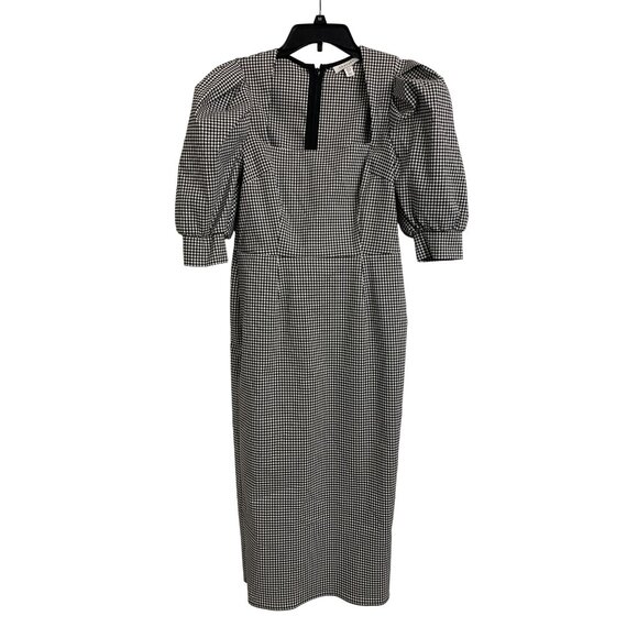 Top Shop Size 6 Gingham Plaid Puff Sleeve Midi Dress Black White - Picture 3 of 10